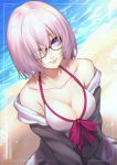  1girl bangs bare_shoulders beach bikini blush breasts collarbone commentary_request fate/grand_order fate_(series) glasses grey_jacket hair_over_one_eye highres hood hooded_jacket jacket large_breasts long_sleeves looking_at_viewer mash_kyrielight purple_eyes re_(re_09) short_hair smile solo swimsuit upper_body water white_bikini 