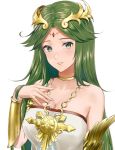  1girl armlet bangs bare_shoulders blush bracer breasts cleavage collarbone crown dress forehead_jewel green_eyes green_hair hand_on_own_chest highres kid_icarus looking_at_viewer medium_breasts niko_(aiai03012) palutena parted_bangs parted_lips smile solo straight_hair strapless strapless_dress upper_body white_dress 