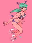  1girl animal_print bangs bat_print breasts cleavage commentary detached_wings english_commentary fingernails full_body green_eyes green_hair head_wings long_fingernails medium_breasts mike_nesbitt mini_wings morrigan_aensland navel pink_background print_shorts purple_shorts shoes shorts sneakers solo sports_bra vampire_(game) wings 
