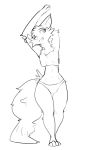  2020 absurd_res anthro canid canine cheek_tuft clothed clothing crop_top facial_tuft female fox fur hi_res mammal midriff monochrome navel open_mouth open_smile panties shirt simple_background smile solo standing stretching topwear tuft underwear white_background zhan 