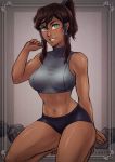  1girl abs arm_up artist_name avatar_(series) bike_shorts blue_eyes breasts brown_hair collarbone dark_skin dumbbell full_body grey_background grey_theme hair_between_eyes hair_tubes iahfy kneeling korra looking_at_viewer medium_breasts medium_hair midriff navel no_shoes ponytail simple_background sleeveless smile solo sports_bra stomach the_legend_of_korra toned watermark 