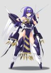  1girl adapted_costume ahoge blue_eyes blue_hair chaesu forehead_protector full_body grey_background highres holding holding_sword holding_weapon huge_ahoge mecha_musume mechanical_wings orie_(under_night_in-birth) pelvic_curtain power_armor rapier solo sword thrusters under_night_in-birth weapon wings 