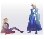  2girls ahoge are_you_my_master arm_support armor armored_dress artoria_pendragon_(all) bishoujo_senshi_sailor_moon blonde_hair blue_dress blue_ribbon blue_sailor_collar blue_skirt boots border bow bowtie braid braided_bun choker closed_mouth dress elbow_gloves eye_contact fate/stay_night fate_(series) forzen_ppi from_side gauntlets gloves grey_background hair_ribbon heart heart_choker juliet_sleeves knee_boots long_hair long_sleeves looking_at_another metal_boots multiple_girls parody parted_lips pleated_skirt puffy_sleeves red_choker red_footwear red_neckwear ribbon saber sailor_collar sailor_moon sailor_moon_redraw_challenge school_uniform serafuku serious simple_background sitting skirt standing tsukino_usagi twintails white_border white_gloves 