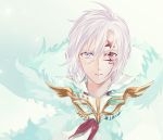  13isaco 1boy allen_walker d.gray-man facial_mark heterochromia highres looking_at_viewer male_focus parted_lips portrait purple_eyes red_eyes silver_hair simple_background solo star white_background 