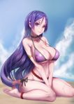  bikini blue_sky breasts cloud eyebrows fate/grand_order fate_(series) highres large_breasts long_hair looking_at_viewer low-tied_long_hair minamoto_no_raikou_(fate/grand_order) ocean parted_lips proudsoul purple_bikini purple_eyes purple_hair sand side-tie_bikini sky smile swimsuit thighs 