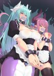  2girls alternate_costume apron aqua_hair asymmetrical_horns bangs bdsm black_collar black_dress blush bound bound_ankles bound_arms breasts broken broken_chain cameltoe chain cleavage collar commentary_request cowboy_shot curled_horns dragon_girl dragon_horns dragon_tail dress elizabeth_bathory_(fate) elizabeth_bathory_(fate)_(all) enmaided eyebrows_visible_through_hair fate/extra fate/extra_ccc fate/grand_order fate_(series) frilled_apron frills gag grey_background groin hair_between_eyes heart_pasties highres horns improvised_gag kirisaki_byakko kiyohime_(fate/grand_order) lamia large_breasts maebari maid maid_apron maid_dress monster_girl multiple_girls multiple_horns pasties pink_hair puffy_short_sleeves puffy_sleeves pussy_juice scales short_sleeves sidelocks signature skindentation standing tail tape tape_gag thighhighs two-tone_background waist_apron white_apron yellow_eyes 