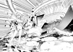  1girl ahoge anklet bangs bikini bow bracelet cannon fate/extra fate/grand_order fate_(series) greyscale high_heels highres jewelry long_hair monochrome nero_claudius_(fate)_(all) nero_claudius_(swimsuit_caster)_(fate) open_mouth outstretched_arm rock sandals side-tie_bikini solo splashing swimsuit takai_isshiki teeth water 
