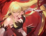  1girl bakemonogatari bangs bare_shoulders blonde_hair blood blood_from_mouth breasts cleavage dress elbow_gloves gloves hair_between_eyes highres kiss-shot_acerola-orion_heart-under-blade kizumonogatari large_breasts long_hair monogatari_(series) pointy_ears red_background red_dress smile ssangbong-llama strapless strapless_dress vampire very_long_hair white_gloves yellow_eyes 