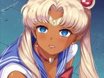  1girl bangs bishoujo_senshi_sailor_moon blonde_hair blue_eyes blue_sailor_collar blush bow breasts choker circlet cleavage clenched_teeth crescent crescent_earrings dark_skin derivative_work diadem double_bun earrings eyebrows_visible_through_hair hair_ornament heart heart_choker jewelry lipstick long_hair makeup mole mole_on_breast mole_under_mouth parted_bangs pink_hair red_bow red_choker ruby_suguri sailor_collar sailor_moon sailor_moon_redraw_challenge sailor_senshi screencap_redraw solo tan teeth tsukino_usagi twintails twitter_username upper_body 