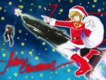  1girl blonde_hair breasts christmas closed_mouth ebba fur_trim gloves green_eyes gundam gundam_unicorn hat looking_at_viewer mecha military military_uniform mineva_lao_zabi pantyhose santa_hat short_hair smile space space_craft unicorn_gundam_banshee uniform 