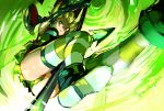  1girl akatsuki_kirika armpits elbow_gloves from_below gloves green_eyes green_gloves green_hair green_panties holding panties senki_zesshou_symphogear shiny shiny_hair short_hair solo striped striped_legwear thighhighs thundergotch twitter_username underwear 