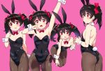  1girl alternate_costume animal_ears arm_up ass back bare_shoulders black_hair black_legwear black_leotard bow bowtie breasts bunny_ears bunny_tail bunnysuit detached_collar fake_animal_ears fake_tail hair_bow kurokawa_makoto leotard long_hair looking_at_viewer love_live! love_live!_school_idol_project multiple_views pantyhose pink_background red_bow red_eyes red_neckwear simple_background small_breasts tail twintails wrist_cuffs yazawa_nico 