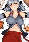  1girl bag_of_chips breasts detached_sleeves girls_frontline grin keshin large_breasts lying medium_hair navel on_back on_bed partially_undressed red_eyes silver_hair smile snack solo spas-12_(girls_frontline) twintails 