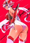  1girl ass breasts cowboy_shot floating_hair gloves highres leaning_forward leotard long_hair looking_at_viewer looking_back medium_breasts pink_eyes pink_gloves pink_hair red_background senki_zesshou_symphogear solo standing thighhighs thundergotch very_long_hair yukine_chris 