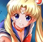  1girl bishoujo_senshi_sailor_moon blonde_hair blood blue_eyes blue_sailor_collar breasts choker cleavage collarbone commentary_request crescent crescent_earrings derivative_work diadem earrings eyebrows_visible_through_hair hair_bun heart heart_choker highres jewelry long_hair nagishy red_choker sailor_collar sailor_moon sailor_moon_redraw_challenge sailor_senshi sailor_senshi_uniform screencap_redraw solo tsukino_usagi twintails upper_body 