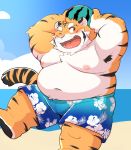  12beat13 2020 anthro beach belly clothing cute_fangs detailed_background felid hi_res humanoid_hands kemono male mammal moobs navel nipples one_eye_closed outside overweight overweight_male pantherine seaside solo swimwear tiger wink 