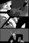  absurd_res anthro anthro_on_anthro beastars bottomless business_suit canid canine canis cervid cervine cigarette clothed clothing comic duo erection fellatio genitals greyscale hi_res interspecies legoshi_(beastars) louis_(beastars) male male/male mammal monochrome necktie nekokat42 oral penile penis predator/prey red_deer scar sex smoking suit topless under_table wolf 