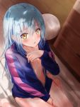  1girl :t aisu_(icicleshot) bangs barefoot blue_hair blue_jacket blush breasts cleavage eyebrows_visible_through_hair from_above hair_between_eyes indoors jacket long_hair long_sleeves looking_at_viewer open_clothes open_jacket rimuru_tempest shiny shiny_hair sketch small_breasts solo straight_hair tensei_shitara_slime_datta_ken unzipped very_long_hair yellow_eyes 