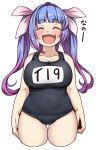  1girl blue_hair breasts closed_eyes collarbone gradient_hair hair_ribbon highres i-19_(kantai_collection) kantai_collection large_breasts long_hair multicolored_hair name_tag one-piece_swimsuit open_mouth purple_hair ribbon ryuun_(stiil) school_swimsuit simple_background solo star star-shaped_pupils swimsuit symbol-shaped_pupils torpedo tri_tails white_background 