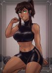  1girl abs arm_up artist_name avatar_(series) bike_shorts blue_eyes breasts brown_hair collarbone dark_skin dumbbell full_body grey_background grey_theme hair_between_eyes hair_tubes iahfy kneeling korra looking_at_viewer medium_breasts medium_hair midriff navel no_shoes ponytail simple_background sleeveless smile solo sports_bra stomach the_legend_of_korra toned watermark 