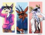  2020 anthro antlers beastars beckabunss bovid brown_body brown_fur canid canine canis caprine cervid clothed clothing cup dall_sheep eyewear fully_clothed fur grey_body grey_fur group hi_res hoodie horn legoshi_(beastars) louis_(beastars) mammal open_mouth open_smile pina_(beastars) sheep smile standing sunglasses topwear white_body white_fur wolf 