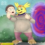  2018 anthro armadillo armadillomon black_nose claws clothing cody_hida digimon digimon_(species) english_text eyebrows green_eyes human kanada looking_at_another male mammal open_mouth overweight patreon signature smile standing suit suit_transformation text toe_claws transformation xenarthran 