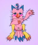  avian beak biyomon blue_eyes blue_markings blush bodily_fluids claws cum dakimakura_design digimon digimon_(species) feather_tuft feathers female genital_fluids genitals hi_res lying markings p.v.su pink_background pink_body pink_feathers pussy ring simple_background solo tail_feathers toe_claws tuft 