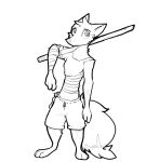  2020 anthro arm_wraps barefoot bottomwear canid canine cheek_tuft clothing facial_tuft female fox fur head_tuft holding_object holding_sword holding_weapon mammal melee_weapon monochrome shorts simple_background solo standing sword tuft weapon white_background wraps zhan 