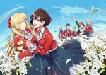  3boys 4girls black_hair blonde_hair blush brothers brown_hair claire_francois flower holding_hands jewelry lene_orso lily_(flower) long_hair maid misha_yule multiple_boys multiple_girls necktie official_art rei_taylor rod_bauer school_uniform sein_bauer shimo_(s_kaminaka) short_hair siblings silver_hair smile watashi_no_oshi_wa_akuyaku_reijou yuri yuu_bauer 