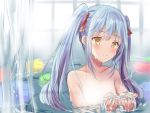  1girl aisu_(icicleshot) alternate_hairstyle bangs blue_hair blurry blurry_background blush closed_mouth collarbone eyebrows_visible_through_hair hair_between_eyes long_hair nude partially_submerged rimuru_tempest shiny shiny_hair sketch smile solo tensei_shitara_slime_datta_ken twintails upper_body very_long_hair yellow_eyes 