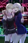  2girls absurdres ahoge artoria_pendragon_(all) black_nails blonde_hair blurry blurry_background boots breasts bubble_tea cup disposable_cup fate/grand_order fate/stay_night fate_(series) fur-trimmed_jacket fur-trimmed_sleeves fur_trim grey_hair hand_in_pocket highres jacket jeanne_d&#039;arc_(alter)_(fate) jeanne_d&#039;arc_(fate)_(all) jet_black_king_of_knights_ver._shinjuku_1999 jewelry knee_boots looking_at_viewer medium_breasts middle_finger multiple_girls necklace nipi27 pale_skin parted_lips ponytail saber_alter shinjuku_(tokyo) short_hair shorts small_breasts smile tank_top wicked_dragon_witch_ver._shinjuku_1999 yellow_eyes 