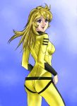  1girl ass blonde_hair bodysuit breasts long_hair looking_at_viewer military military_uniform mori_yuki open_mouth purple_eyes rx92 smile solo space uchuu_senkan_yamato uchuu_senkan_yamato_2199 uchuu_senkan_yamato_2202:_ai_no_senshi-tachi uniform yellow_bodysuit 