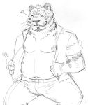  2013 anthro belly bottomwear clothed clothing felid hi_res kemono male mammal moobs nipples one_eye_closed open_shirt overweight overweight_male pantherine pants shirt simple_background solo tiger topwear v2wolf white_background wink 