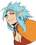  1990s_(style) 1girl blue_hair breasts cleavage enami_katsumi long_hair looking_at_viewer pointy_ears ryouko_(tenchi_muyou!) simple_background sketch smile solo spiked_hair teeth tenchi_muyou! white_background yellow_eyes 
