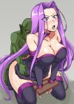  1boy 1girl bare_shoulders black_legwear blush bound bound_arms breasts collar elbow_gloves fate/stay_night fate_(series) forehead gloves goblin kneeling large_breasts long_hair mimuni362 no_panties purple_eyes purple_hair rape rider sex shiny shiny_hair shiny_skin simple_background sleeveless solo_focus sweat thighhighs very_long_hair 