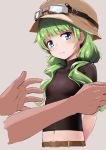  1girl absurdres ash_arms belt blue_eyes blush commentary_request googles green_hair hat highres long_hair looking_away momo_(higanbana_and_girl) navel shirt simple_background solo tears tight_shirt 