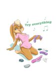  2019 acornart anthro bottomless buckteeth clothed clothing dildo ears_down english_text female fur half-closed_eyes hi_res holding_dildo holding_object holding_sex_toy lagomorph leporid lola_bunny looney_tunes mammal musical_note narrowed_eyes open_mouth open_smile pivoted_ears rabbit sex_toy shirt simple_background smile solo t-shirt teeth text topwear vibrator warner_brothers white_background yellow_body yellow_fur 
