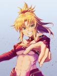  1girl abs bare_shoulders blonde_hair blue_background breasts fate/grand_order fate_(series) green_eyes highres juunishi_aya medium_breasts mordred_(fate) mordred_(fate)_(all) navel outstretched_hand ponytail red_scrunchie scrunchie shrug_(clothing) smile smirk solo underboob 