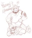  2013 absurd_res anthro belly canid canine canis capreoline cervid christmas clothing duo hat headgear headwear hi_res holidays humanoid_hands kemono male mammal moobs nipples overweight overweight_male reindeer santa_hat simple_background text v2wolf white_background wolf 