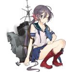  1girl akebono_(kantai_collection) bell black_legwear boots closed_umbrella damaged drew_(drew213g) flower full_body hair_bell hair_between_eyes hair_flower hair_ornament jingle_bell kantai_collection long_hair long_ponytail machinery official_art one_eye_closed purple_eyes purple_hair red_footwear rubber_boots school_uniform serafuku side_ponytail sitting skirt smoke solo tears torn_clothes torn_skirt transparent_background umbrella very_long_hair wet wet_clothes 