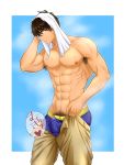  1boy armpit_hair boxer_briefs cardcaptor_sakura chest drying drying_hair erection erection_under_clothes highres kinomoto_touya male_focus male_underwear pants_down pubic_hair ryousuke_(ryousuke_butter) shampoo_challenge shirtless solo steam toned toned_male towel towel_on_head underwear white_towel 