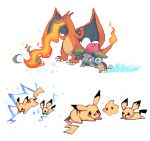  :d black_eyes breathing_fire charamells charizard chiko_(mario) claws commentary dragon electricity english_commentary eye_contact fangs fiery_tail fire flame gen_1_pokemon gen_2_pokemon happy horns ivysaur jumping leaf looking_at_another lying mario_(series) on_stomach open_mouth pichu pikachu pixel_art simple_background smile squirtle standing super_mario_galaxy super_smash_bros. tail water white_background 
