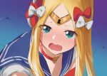  1girl abigail_williams_(fate/grand_order) absurdres bangs bishoujo_senshi_sailor_moon blonde_hair blue_eyes blue_sailor_collar blush bow breasts choker circlet commentary_request cosplay crescent crescent_earrings crying derivative_work earrings eyebrows_visible_through_hair fate/grand_order fate_(series) forehead hair_bow heart heart_choker highres jewelry keyhole long_hair looking_at_viewer multiple_bows nose_blush open_mouth parted_bangs red_bow red_choker sailor_collar sailor_moon sailor_moon_(cosplay) sailor_moon_redraw_challenge sailor_senshi_uniform screencap_redraw shirt sleeveless sleeveless_shirt small_breasts solo tearing_up tsukino_usagi upper_body wang_man wavy_mouth white_bow white_shirt 