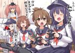  5girls ^_^ ^o^ akatsuki_(kantai_collection) anchor_symbol atlanta_(kantai_collection) bar_censor black_headwear black_legwear black_sailor_collar black_skirt blue_eyes blush bottle brown_eyes brown_hair censored chips closed_eyes coca-cola cola collarbone commentary_request cushion donkey_kong drinking earrings eyebrows_visible_through_hair fang folded_ponytail food garrison_cap gloves grey_eyes hair_between_eyes hair_ornament hairclip hat hibiki_(kantai_collection) highres holding holding_bottle holding_food ikazuchi_(kantai_collection) inazuma_(kantai_collection) jewelry kantai_collection kirby kokutou_nikke long_hair long_sleeves mario multiple_girls neckerchief open_mouth pleated_skirt potato_chips purple_hair red_neckwear sailor_collar school_uniform serafuku shirt short_hair silver_hair skin_fang skirt smile sparkle star star_earrings super_smash_bros. suspenders thighhighs translation_request two_side_up white_gloves white_shirt zabuton 