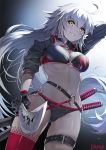  1girl ahoge arm_behind_head artist_name bikini black_bikini black_gloves breasts choker cleavage damda eyebrows_visible_through_hair fate/grand_order fate_(series) foreshortening from_below gloves hair_between_eyes halter_top halterneck jeanne_d&#039;arc_(alter_swimsuit_berserker) jeanne_d&#039;arc_(fate)_(all) katana large_breasts long_hair looking_at_viewer navel o-ring o-ring_bikini red_legwear silver_hair single_thighhigh solo swimsuit sword thigh_strap thighhighs very_long_hair weapon yellow_eyes 