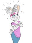  2019 acornart anthro blue_eyes bottomwear buckteeth clothed clothing crossed_arms female fully_clothed fur grey_body grey_fur lagomorph leporid mammal pants portrait rabbit shirt simple_background siri_(acornart) solo t-shirt teeth three-quarter_portrait topwear white_background 