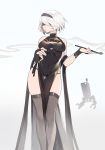  1girl black_dress black_panties blindfold breasts bridal_gauntlets china_dress chinese_clothes covered_eyes covered_navel dress hairband large_breasts lips mole mole_under_mouth nier_(series) nier_automata panties parted_lips pelvic_curtain pipe pod_(nier_automata) shawl short_hair side_slit skindentation sleeveless sleeveless_dress string_panties thighhighs thighs thong underwear white_hair xiaoshou_xiansheng yorha_no._2_type_b 