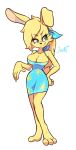  anthro barefoot big_breasts breasts cleavage clothed clothing dress female green_eyes hair hi_res jamoart katie_(jamoart) lagomorph leporid mammal personal_grooming pose rabbit scut_tail smile smirk solo styling_hair 