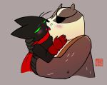  anthro badger badgerclops black_body black_fur blush bodily_fluids cartoon_network domestic_cat duo felid feline felis french_kissing fur green_eyes hi_res kissing male male/male mammal mao_mao:_heroes_of_pure_heart mustelid musteline overweight overweight_male romantic_ambiance romantic_couple sheriff_mao_mao_mao size_difference sweaciabic sweat tongue 