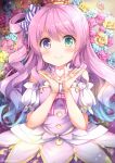  1girl blush candy_hair_ornament crown dress flower food_themed_hair_ornament hair_ornament hair_rings heterochromia highres himemori_luna hololive long_hair niwasane_(saneatsu03) pink_hair smile solo twitter_username virtual_youtuber 